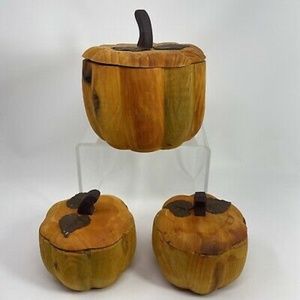 Pier1 set 3 Wood Pumpkin Lidded Bowls w/Lid Rustic Fall Decor Wooden Container